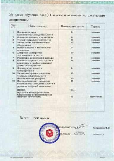 Образец приложения оборотная сторона (аттестационная работа) по программе Педагогика дополнительного образования: театральная деятельность