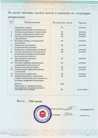 Образец приложения оборотная сторона (аттестационная работа) по программе Педагогика дополнительного образования: театральная деятельность