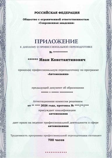 Образец приложения лицевая сторона (итоговое тестирование) по программе Автомеханик