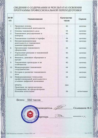 Образец приложения оборотная сторона (итоговое тестирование) по программе Таможенное дело