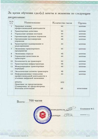 Образец приложения оборотная сторона (аттестационная работа) по программе Организация перевозок и управление на транспорте