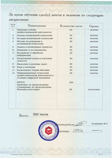 Образец приложения оборотная сторона (аттестационная работа) по программе Когнитивная психология
