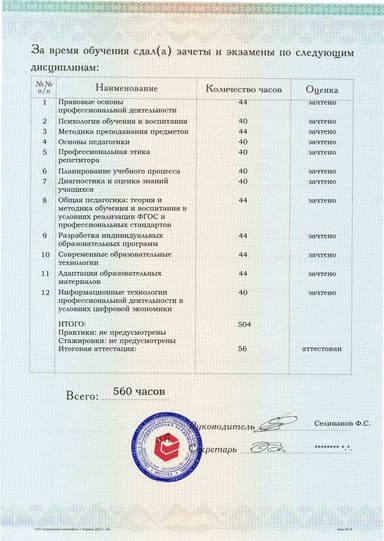 Образец приложения оборотная сторона (аттестационная работа) по программе Репетитор