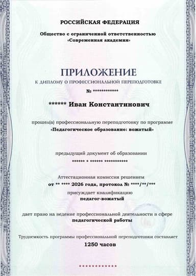 Образец приложения лицевая сторона (итоговое тестирование) по программе Педагогическое образование: вожатый