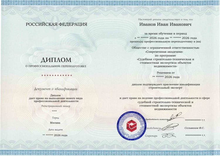 Образец диплома по программе Судебная строительно-техническая и стоимостная экспертиза объектов недвижимости