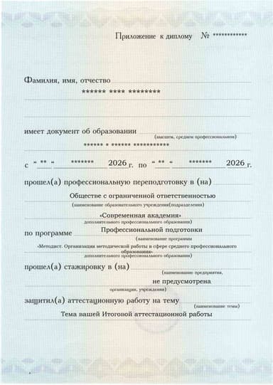 Образец приложения лицевая сторона (аттестационная работа) по программе Методист. Организация методической работы в сфере среднего профессионального образования
