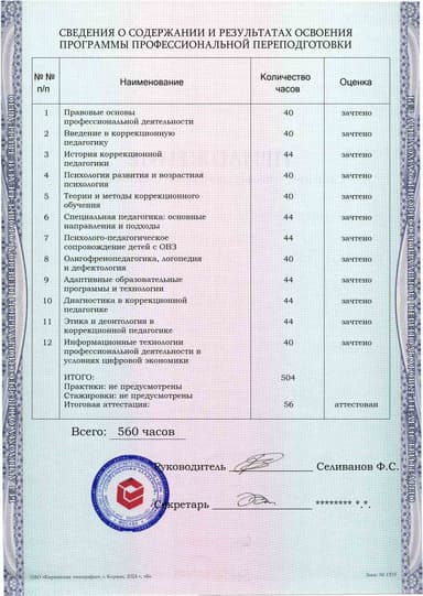 Образец приложения оборотная сторона (итоговое тестирование) по программе Коррекционная педагогика