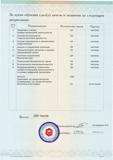 Образец приложения оборотная сторона (аттестационная работа) по программе Безопасность технологических процессов и производств