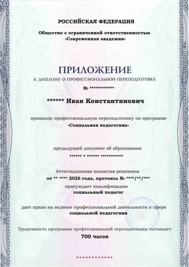 Образец приложения лицевая сторона (итоговое тестирование) по программе Социальная педагогика