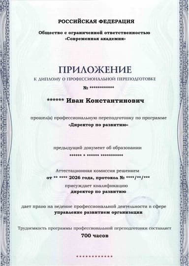 Образец приложения лицевая сторона (итоговое тестирование) по программе Директор по развитию