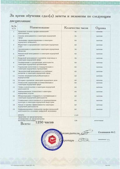 Образец приложения оборотная сторона (аттестационная работа) по программе Менеджмент санаторно-курортного дела
