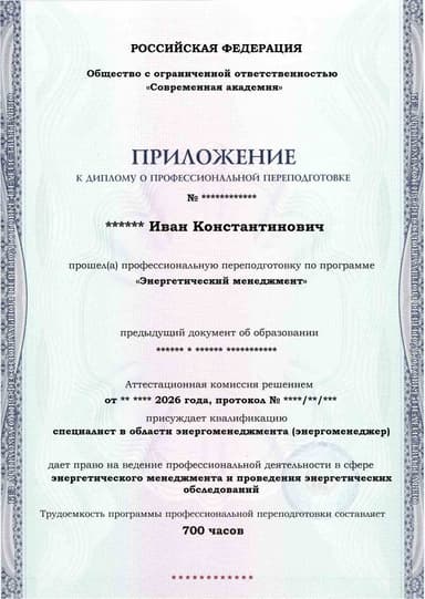 Образец приложения лицевая сторона (итоговое тестирование) по программе Энергетический менеджмент