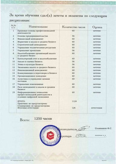 Образец приложения оборотная сторона (аттестационная работа) по программе Управление малым и средним бизнесом