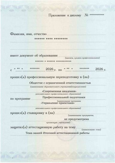Образец приложения лицевая сторона (аттестационная работа) по программе Управление проектами