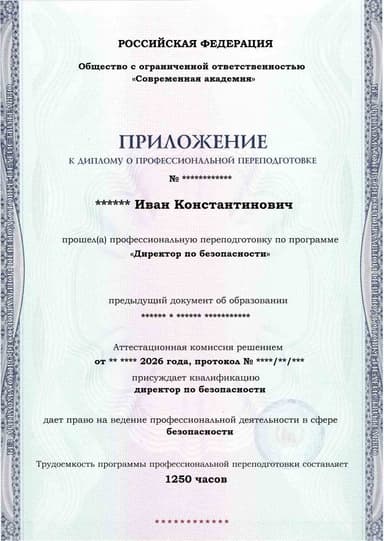 Образец приложения лицевая сторона (итоговое тестирование) по программе Директор по безопасности