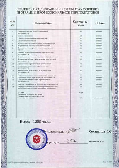 Образец приложения оборотная сторона (итоговое тестирование) по программе Риэлторская деятельность