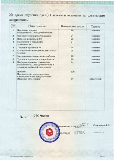 Образец приложения оборотная сторона (аттестационная работа) по программе Реклама и связи с общественностью