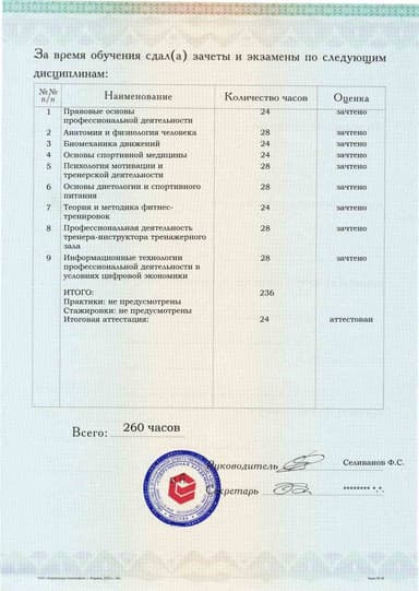 Образец приложения оборотная сторона (аттестационная работа) по программе Инструктор тренажерного зала