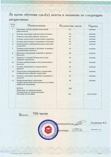 Образец приложения оборотная сторона (аттестационная работа) по программе Фитнес-Пилатес