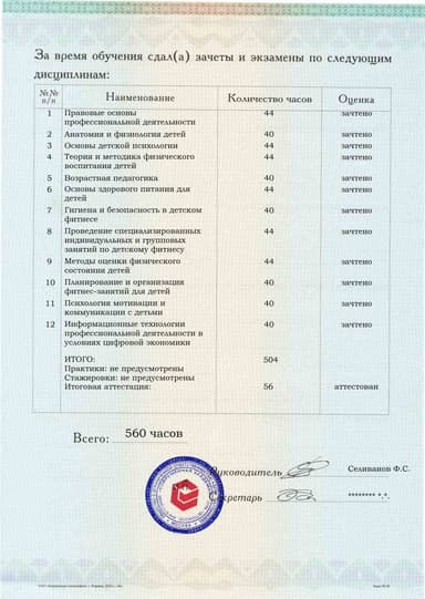 Образец приложения оборотная сторона (аттестационная работа) по программе Детский фитнес