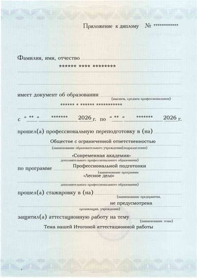 Образец приложения лицевая сторона (аттестационная работа) по программе Лесное дело
