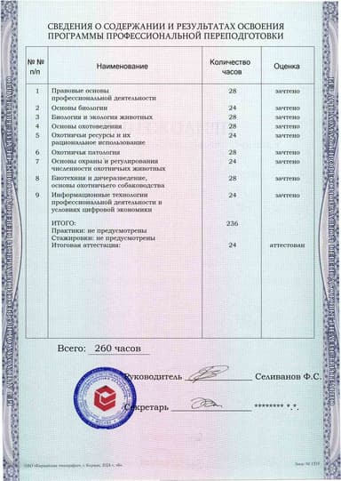 Образец приложения оборотная сторона (итоговое тестирование) по программе Охотоведение