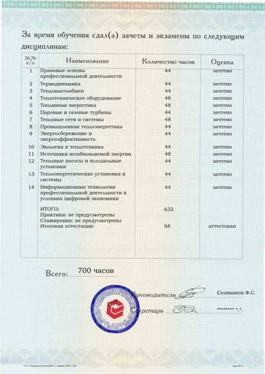 Образец приложения оборотная сторона (аттестационная работа) по программе Теплоэнергетика и теплотехника
