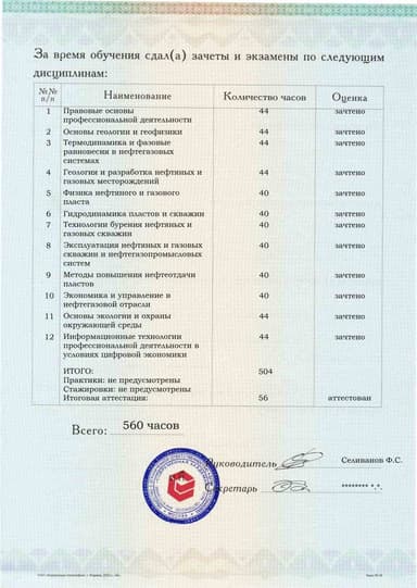 Образец приложения оборотная сторона (аттестационная работа) по программе Разработка и эксплуатация нефтяных и газовых месторождений