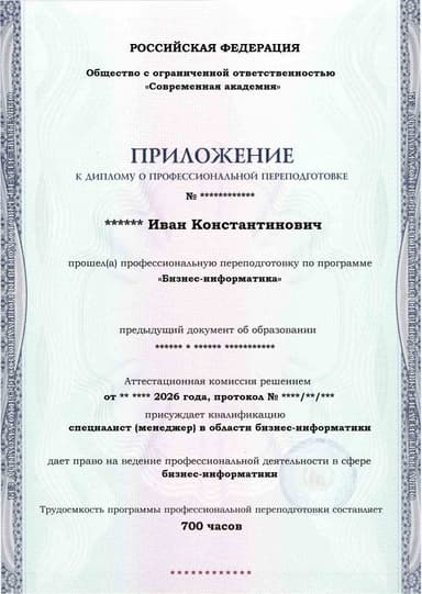 Образец приложения лицевая сторона (итоговое тестирование) по программе Бизнес-информатика