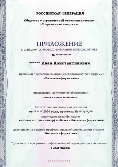 Образец приложения лицевая сторона (итоговое тестирование) по программе Бизнес-информатика