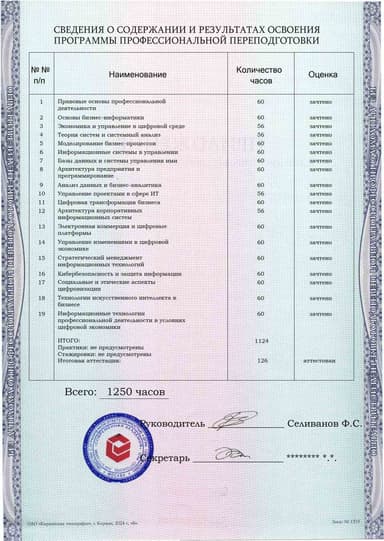 Образец приложения оборотная сторона (итоговое тестирование) по программе Бизнес-информатика