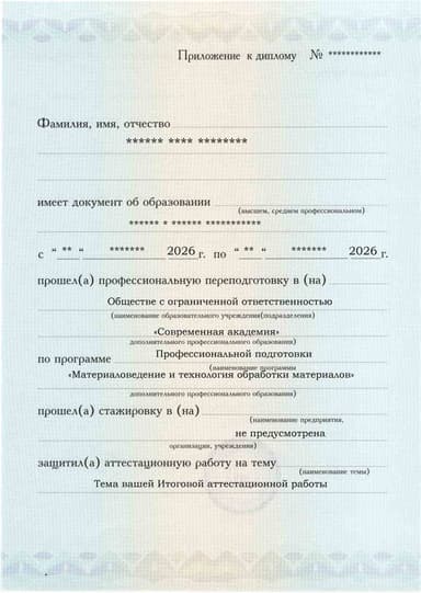 Образец приложения лицевая сторона (аттестационная работа) по программе Материаловедение и технология обработки материалов