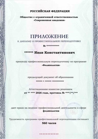 Образец приложения лицевая сторона (итоговое тестирование) по программе Фелинология