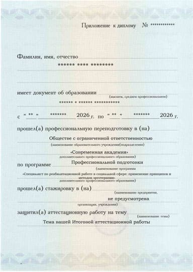 Образец приложения лицевая сторона (аттестационная работа) по программе Специалист по реабилитационной работе в социальной сфере: применение принципов и методов эрготерапии