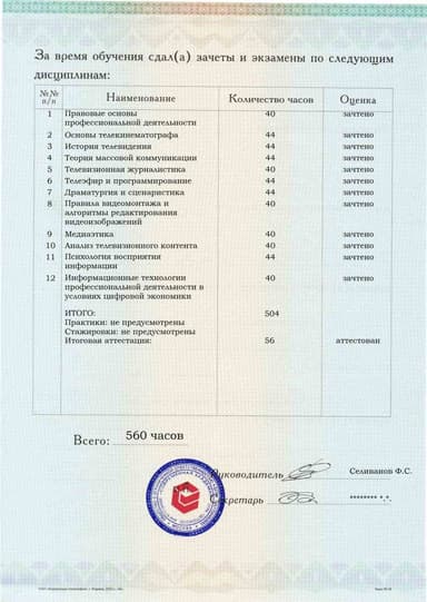 Образец приложения оборотная сторона (аттестационная работа) по программе Телевидение