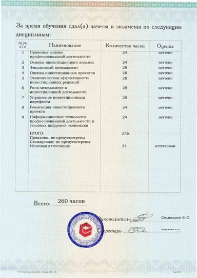 Образец приложения оборотная сторона (аттестационная работа) по программе Специалист по работе с инвестиционными проектами