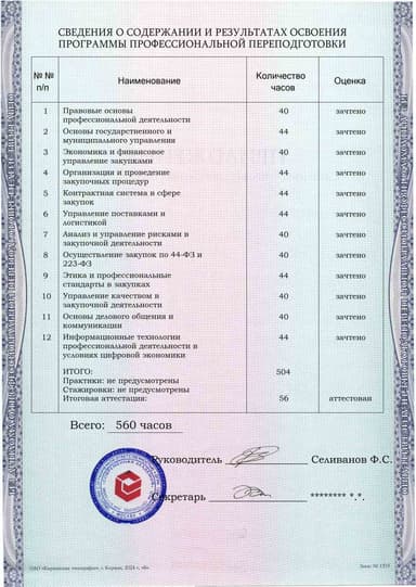 Образец приложения оборотная сторона (итоговое тестирование) по программе Специалист в сфере закупок