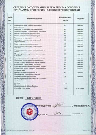 Образец приложения оборотная сторона (итоговое тестирование) по программе Спортивный комментатор