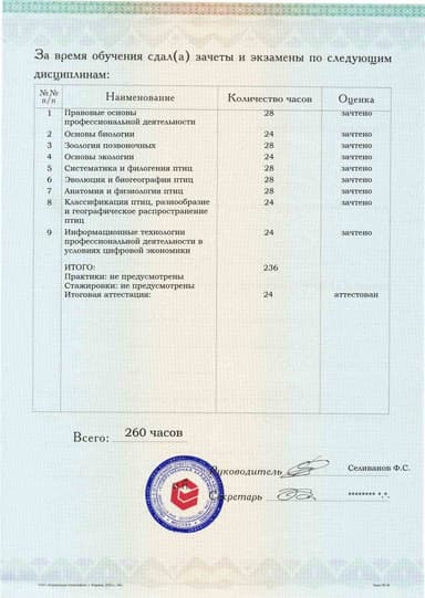 Образец приложения оборотная сторона (аттестационная работа) по программе Орнитология