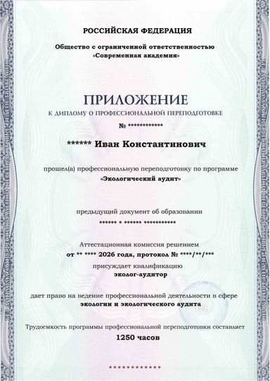 Образец приложения лицевая сторона (итоговое тестирование) по программе Экологический аудит