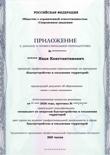 Образец приложения лицевая сторона (итоговое тестирование) по программе Благоустройство и озеленение территорий