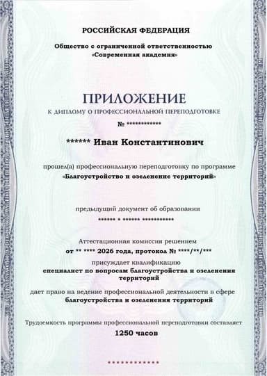 Образец приложения лицевая сторона (итоговое тестирование) по программе Благоустройство и озеленение территорий