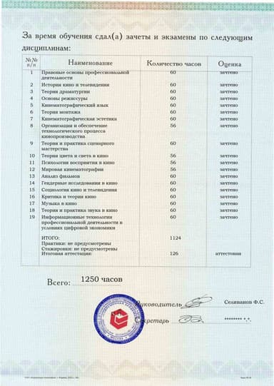 Образец приложения оборотная сторона (аттестационная работа) по программе Режиссура кино и телевидения