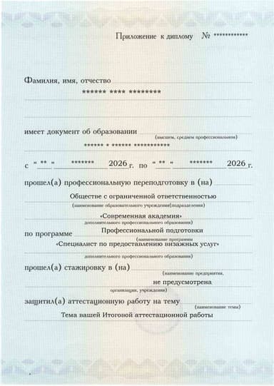 Образец приложения лицевая сторона (аттестационная работа) по программе Специалист по предоставлению визажных услуг