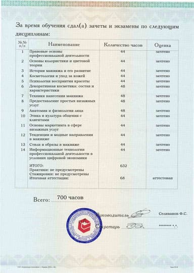 Образец приложения оборотная сторона (аттестационная работа) по программе Специалист по предоставлению визажных услуг