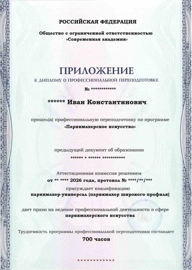 Образец приложения лицевая сторона (итоговое тестирование) по программе Парикмахерское искусство