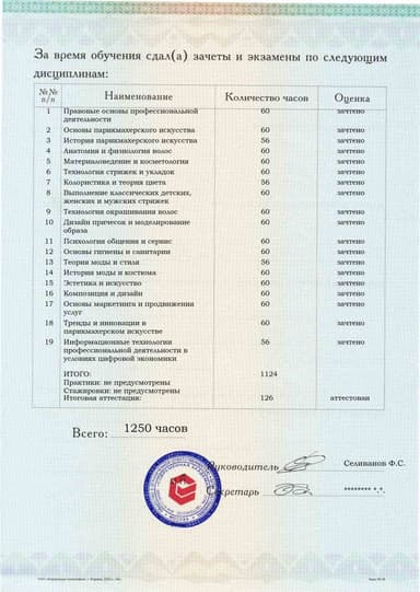 Образец приложения оборотная сторона (аттестационная работа) по программе Парикмахерское искусство