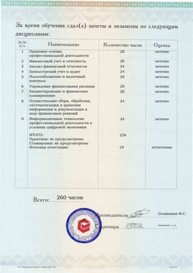 Образец приложения оборотная сторона (аттестационная работа) по программе Финансовый ревизор