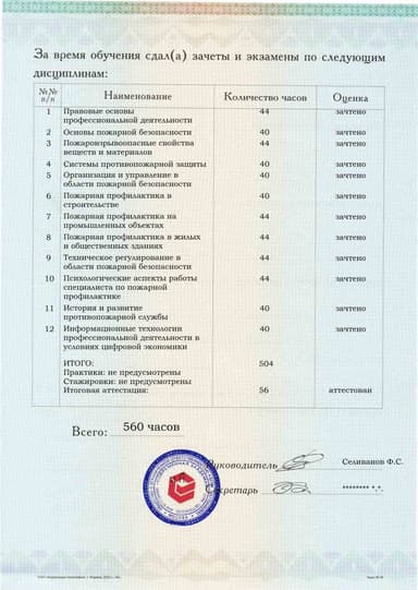 Образец приложения оборотная сторона (аттестационная работа) по программе Специалист по пожарной профилактике