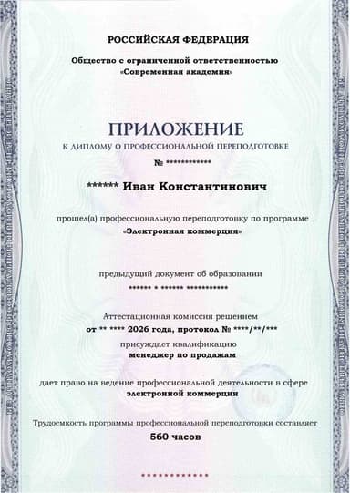 Образец приложения лицевая сторона (итоговое тестирование) по программе Электронная коммерция